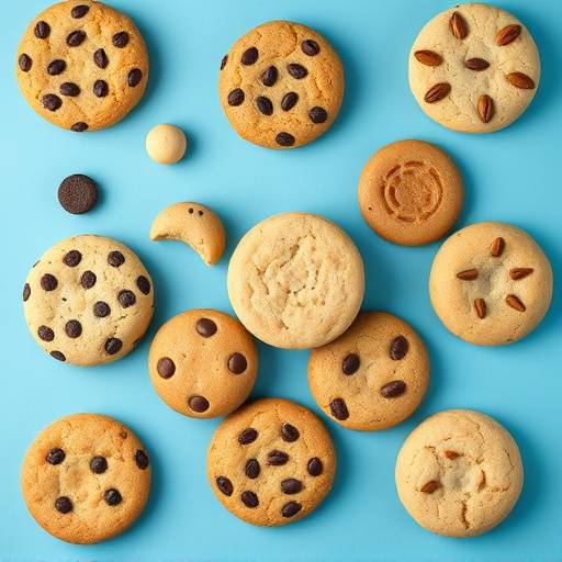 Een afbeelding van verschillende soorten koekjes op een blauwe achtergrond, symboliserend het cookiebeleid.