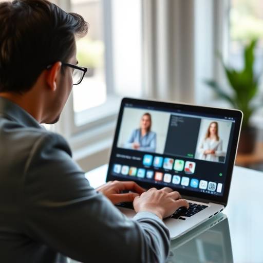 Iemand die een online sollicitatiegesprek voert via een laptop