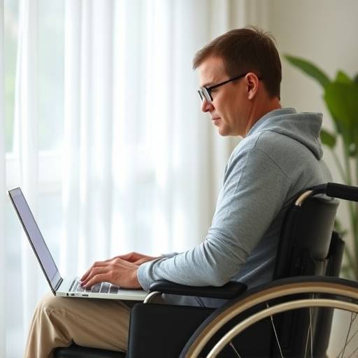 Illustratie van een persoon in een rolstoel die een laptop gebruikt, wat de focus op digitale toegankelijkheid symboliseert.
